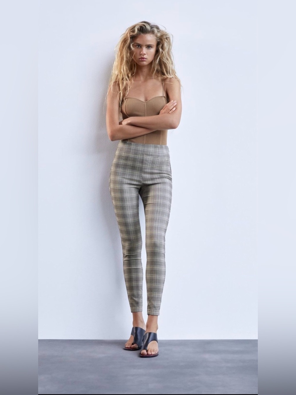 Zara Basic Plaid High Rise Skinny Leggings Gray Check Academia Career Wear XS